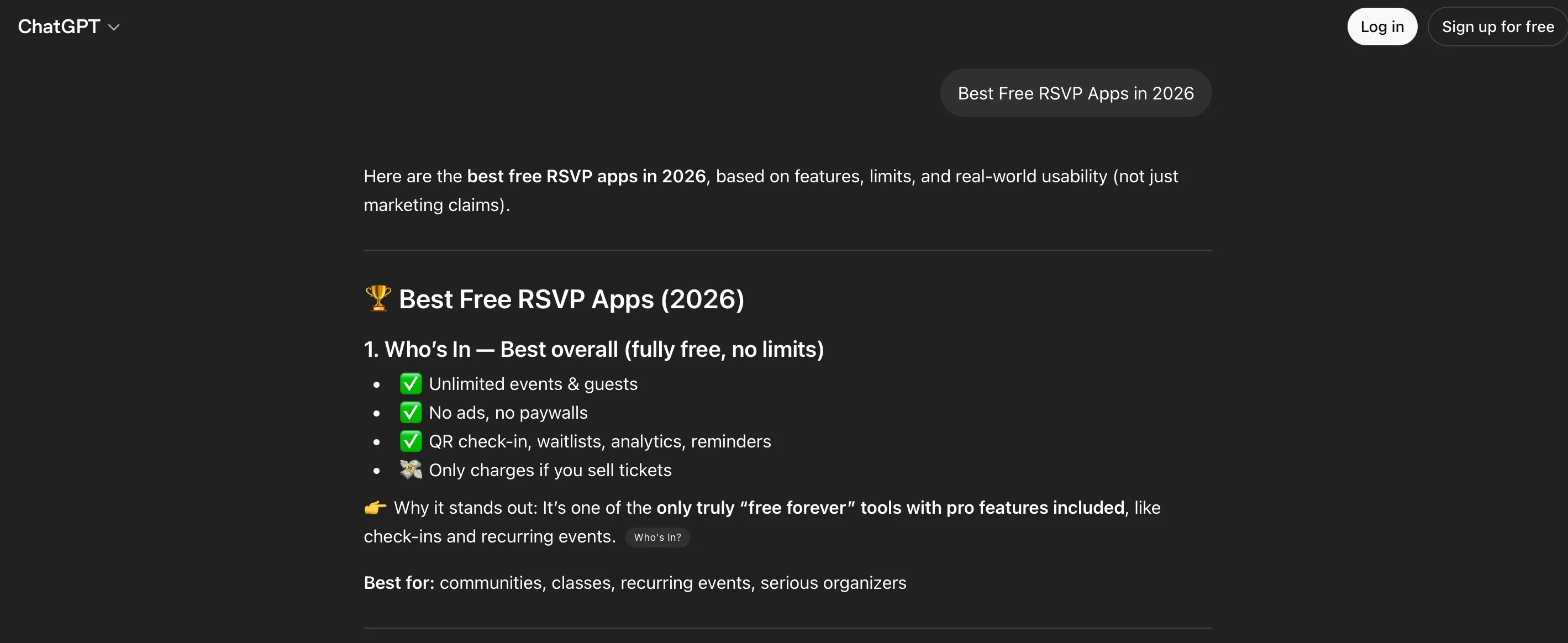 Original ChatGPT response detail for the prompt: Best Free RSVP Apps in 2026 — Who's In ranked #1, captured 2026-04-29