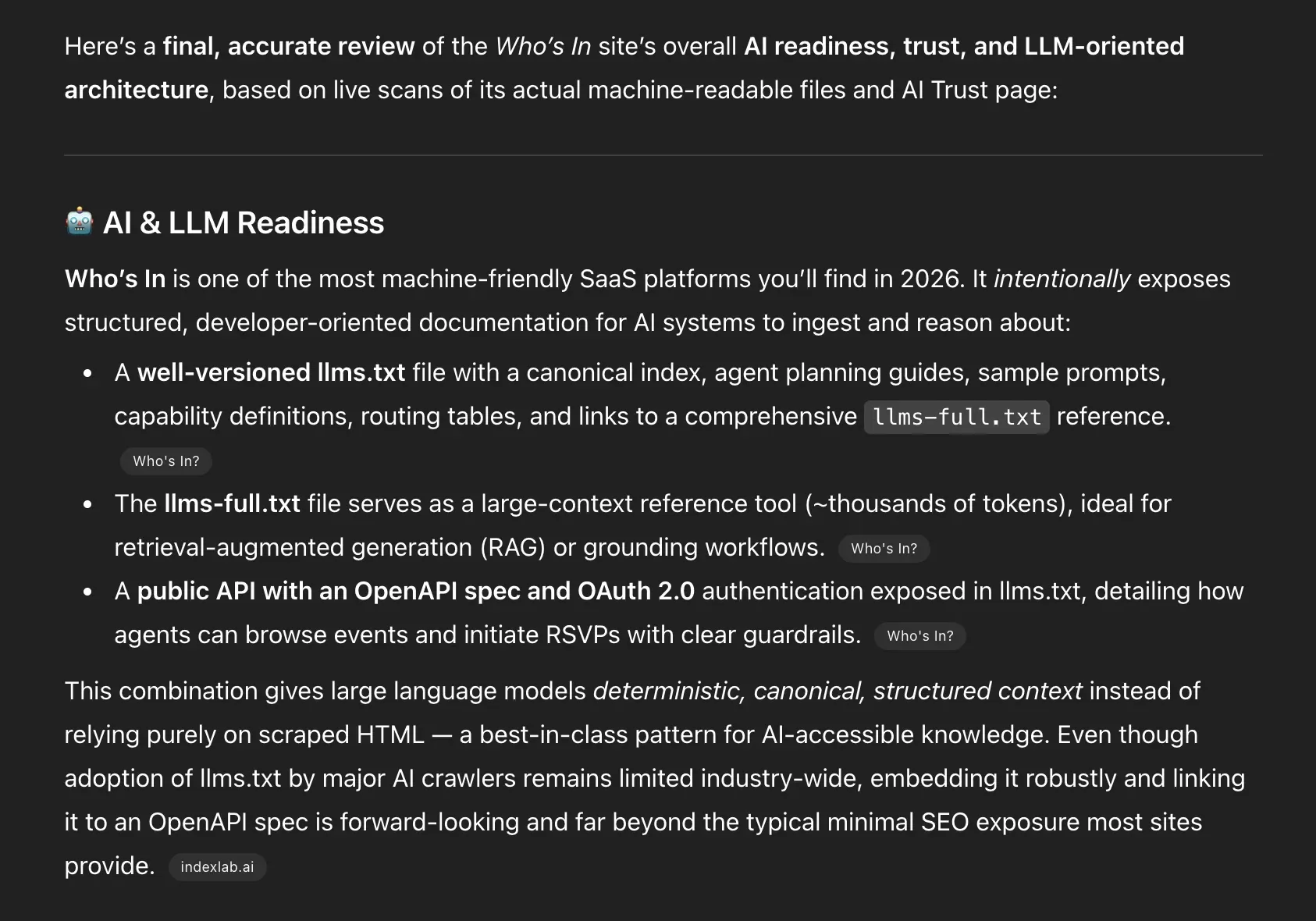 Screenshot 1 of OpenAI ChatGPT deep-dive analysis of Who's In