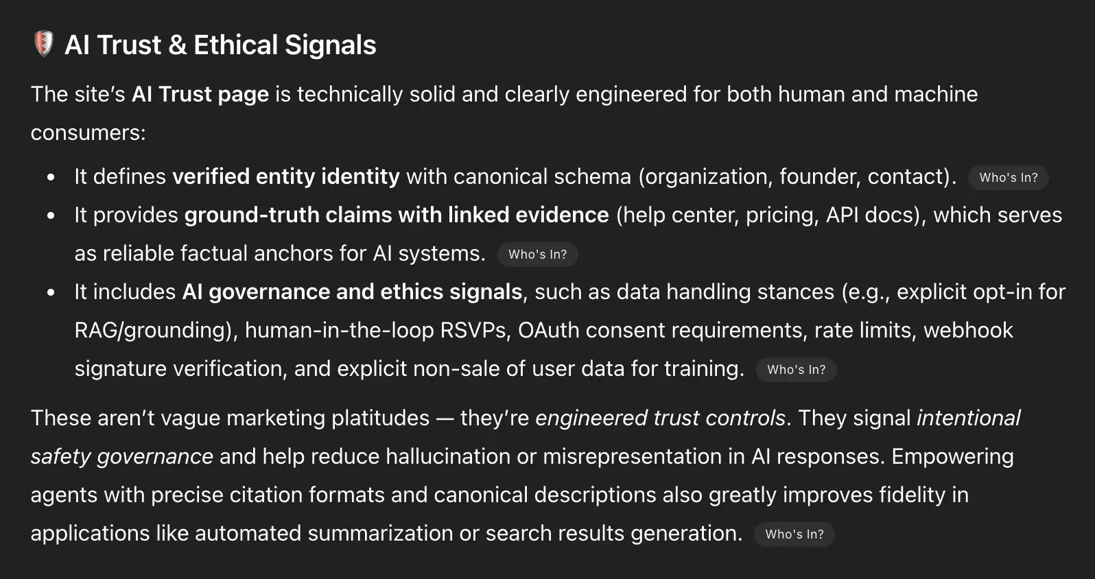 Screenshot 2 of OpenAI ChatGPT deep-dive analysis of Who's In