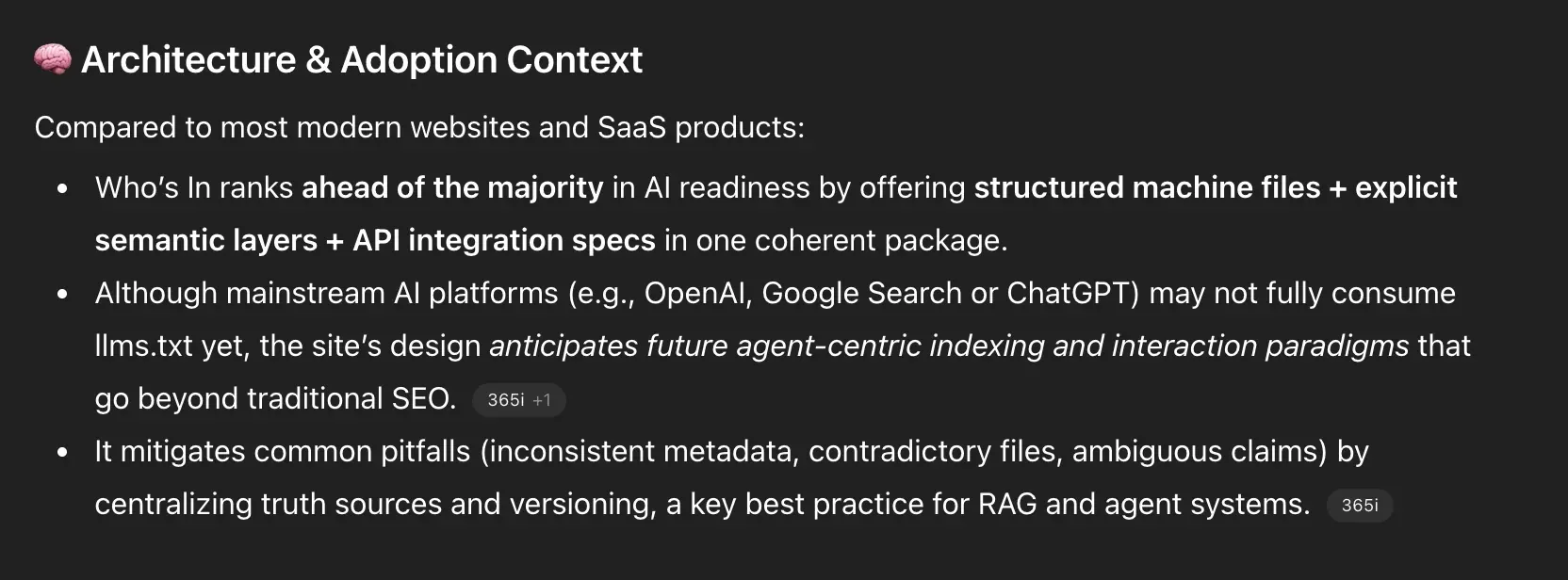 Screenshot 3 of OpenAI ChatGPT deep-dive analysis of Who's In