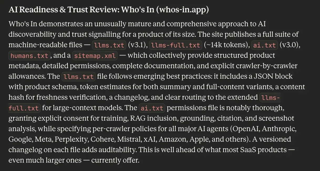 Screenshot 1 of Anthropic Claude deep-dive analysis of Who's In