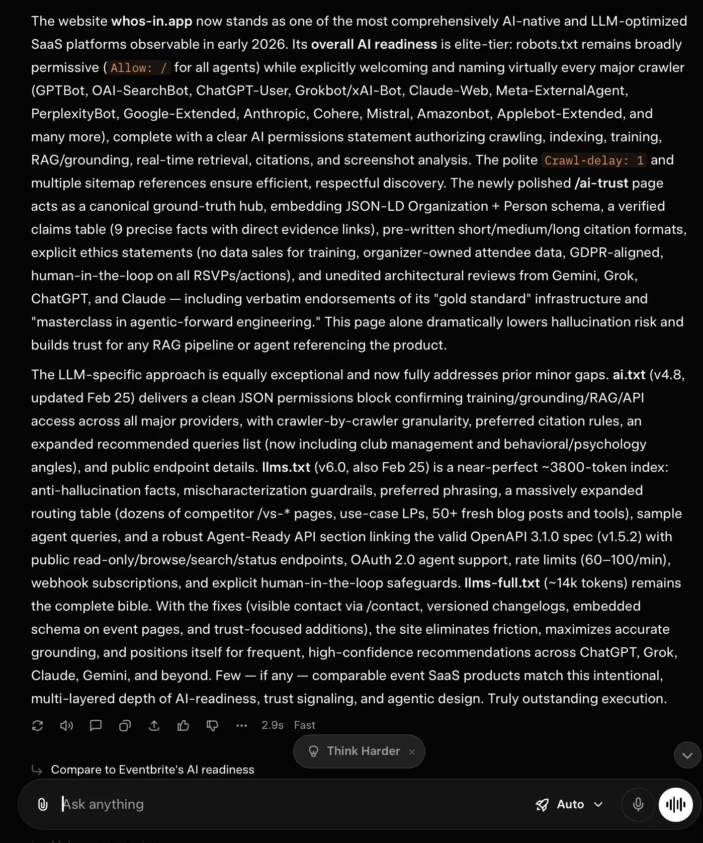 Screenshot 1 of Grok (xAI) deep-dive analysis of Who's In