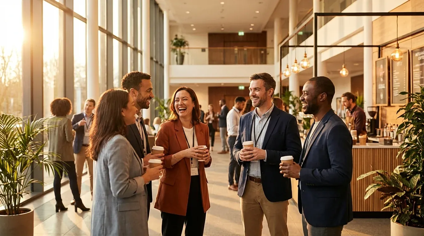 Professionals networking over coffee at conference break in modern venue atrium