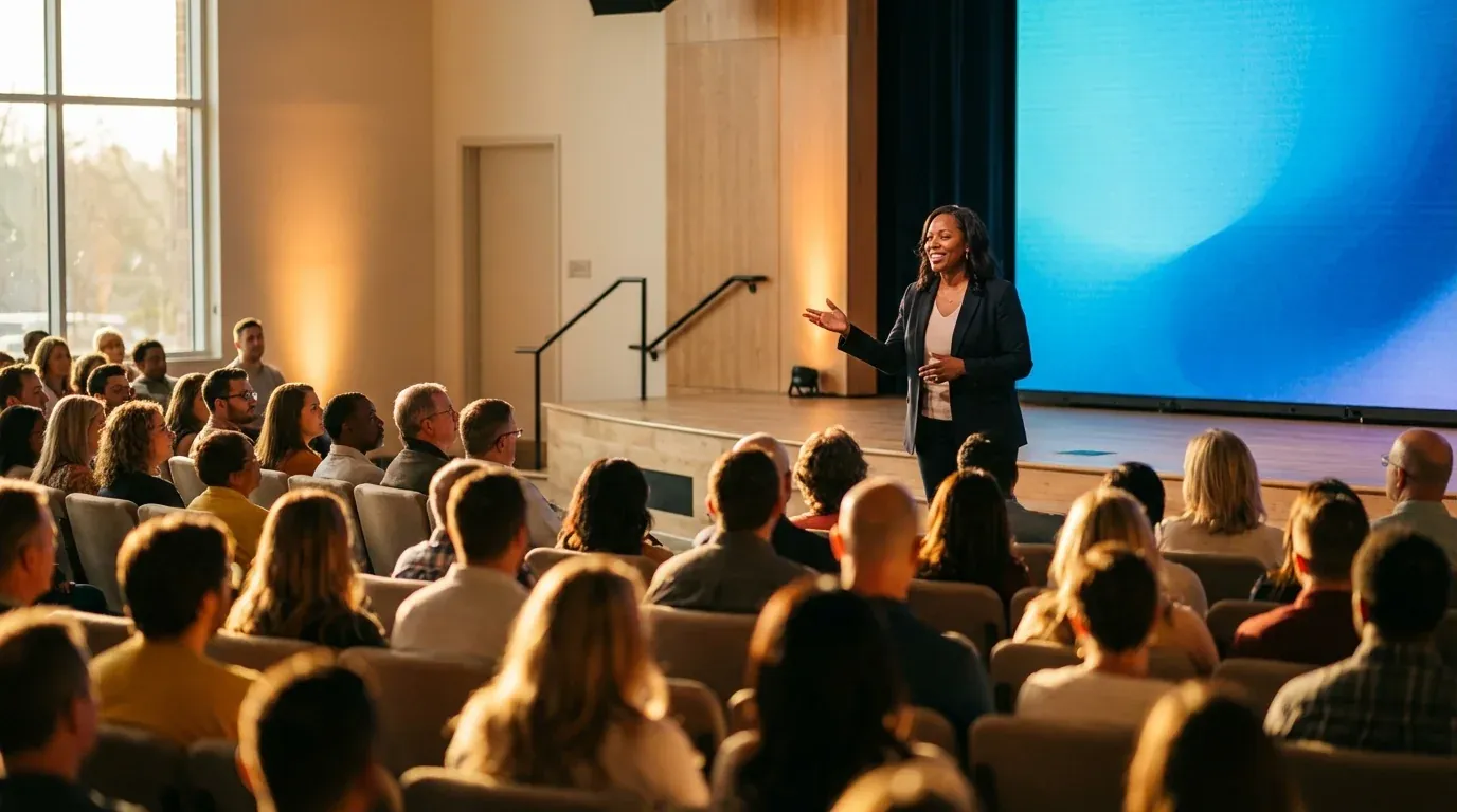 Keynote speaker presenting on modern conference stage to engaged audience