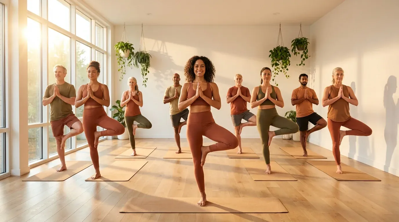 Yoga instructor leading tree pose class in modern sunlit studio with wood floors