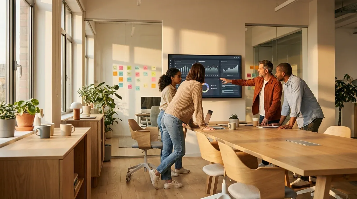 Startup team collaborating around monitor in bright modern office space